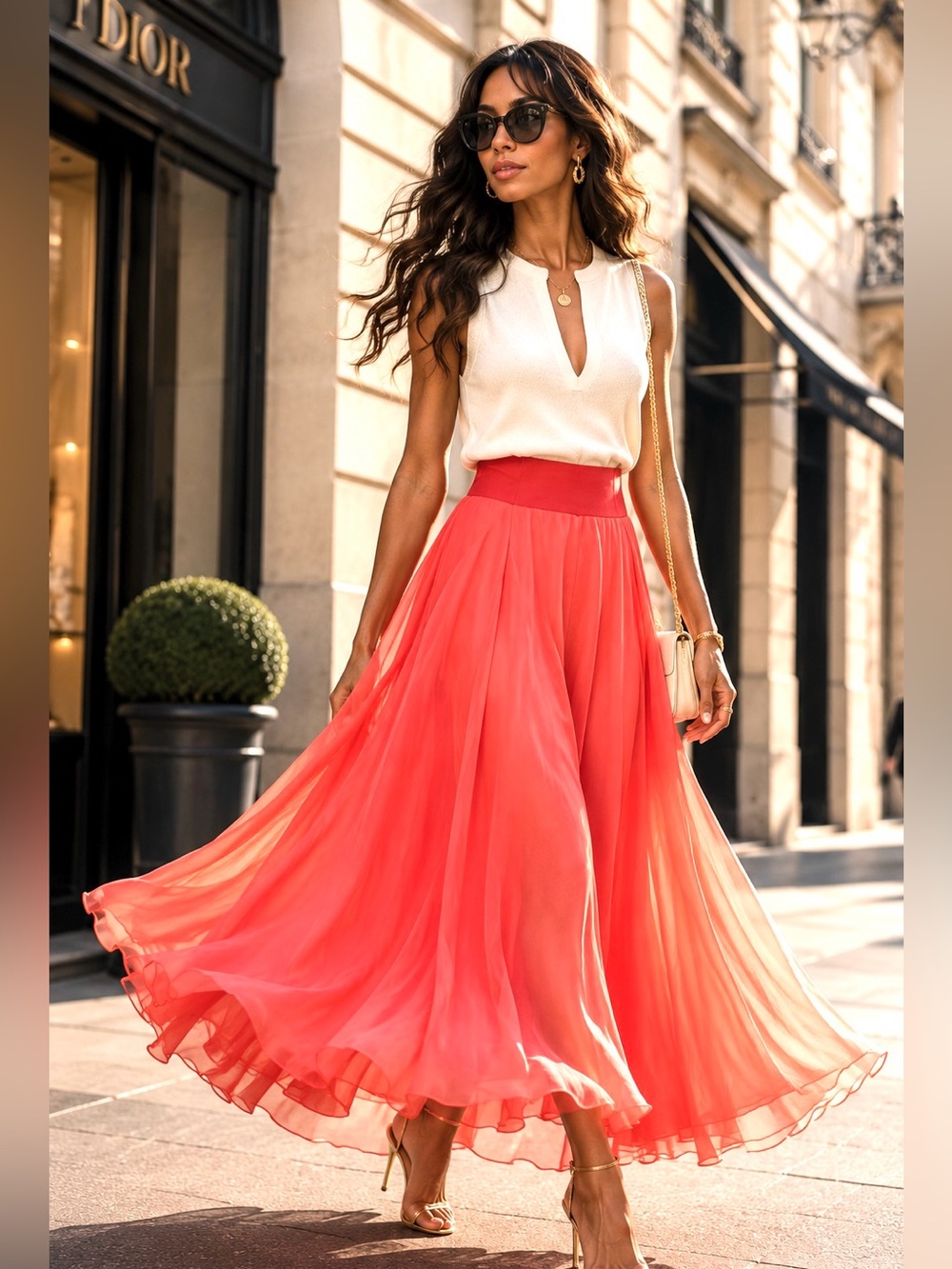 Handmade Coral Suede-Waist Tulle Chiffon Circle Maxi Skirt S/M